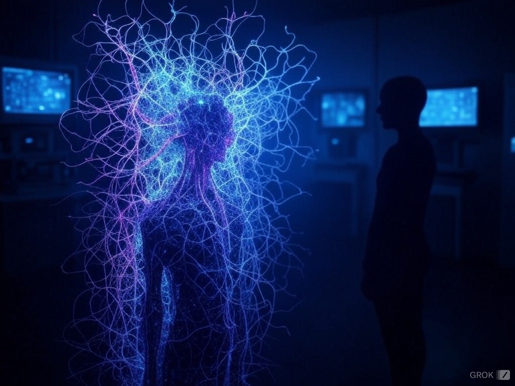An image depicting a futuristic, highly advanced AI system with glowing neural networks and a human silhouette for scale comparison