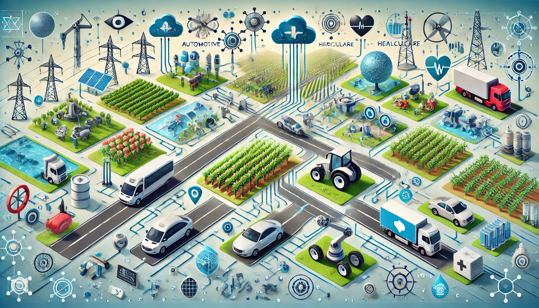 DALL·E 2024-12-16 13.43.55 - A visualization of computer vision applications in various industries, including automotive, healthcare, and agriculture, in a wide rectangular format. The image shows interconnected examples like self-driving cars on a road, robotic arms analyzing crops, and AI-enhanced medical imaging systems. Each industry application is represented in separate sections, connected by data flow lines, emphasizing the diverse impact of computer vision. The design is clean, professional, and educational, with a focus on real-world relevance