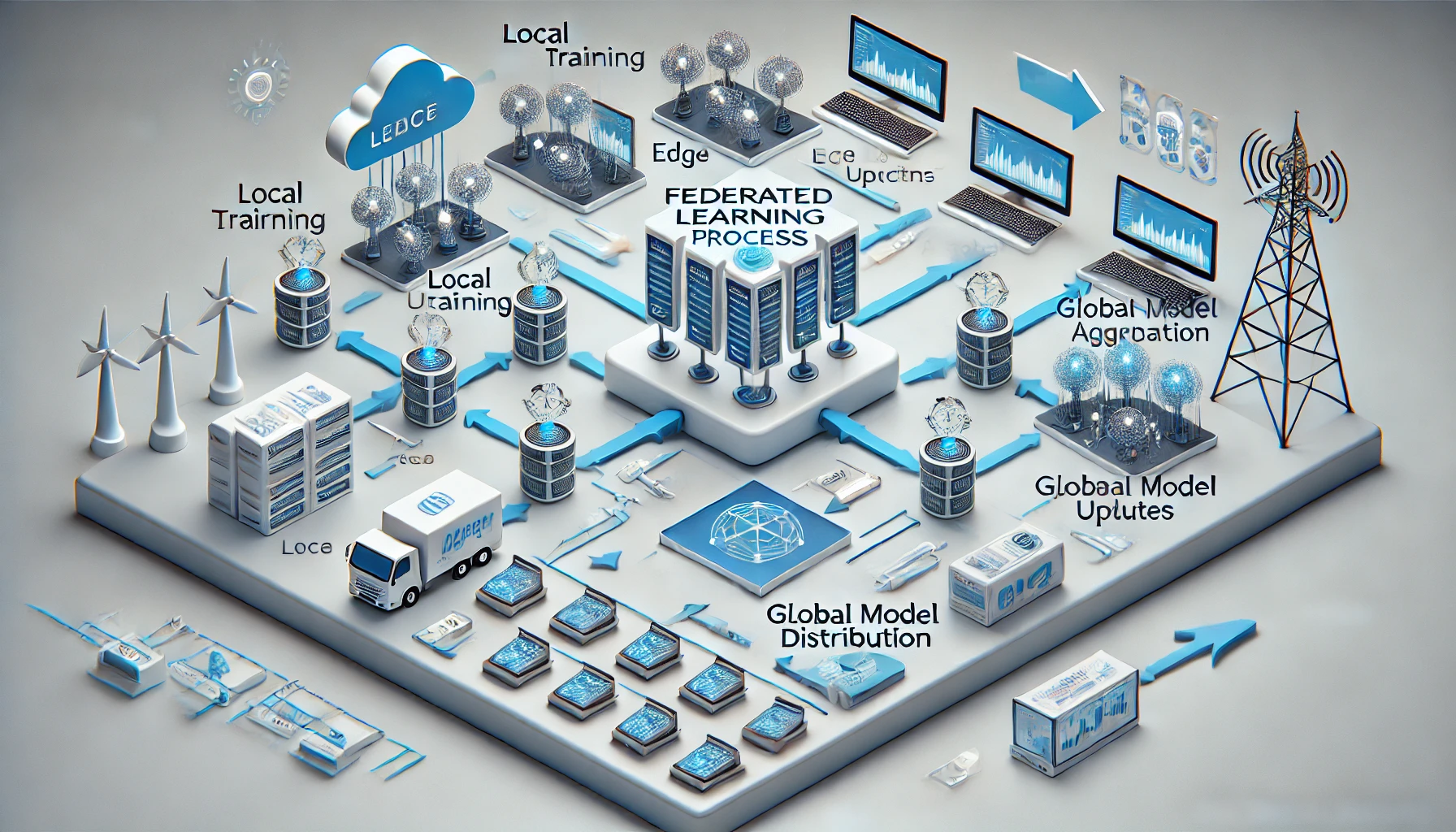 DALL·E 2025-01-02 23.53.16 - A detailed illustration of the federated learning process in a rectangular format. The image shows multiple edge devices (e.g., smartphones, IoT devic)