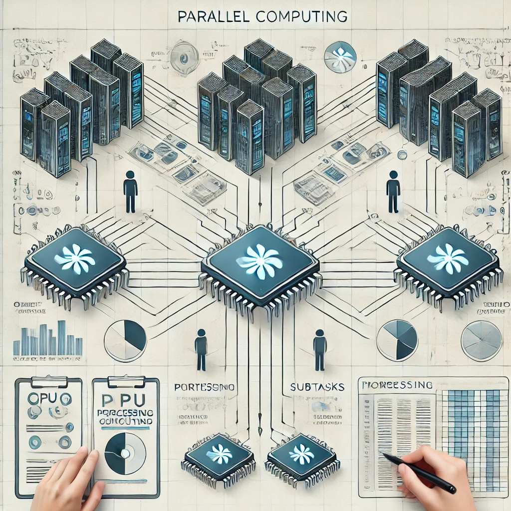 DALL·E 2024-12-08 22.41.03 - A detailed and educational diagram illustrating parallel computing, where multiple CPUs are processing tasks concurrently.