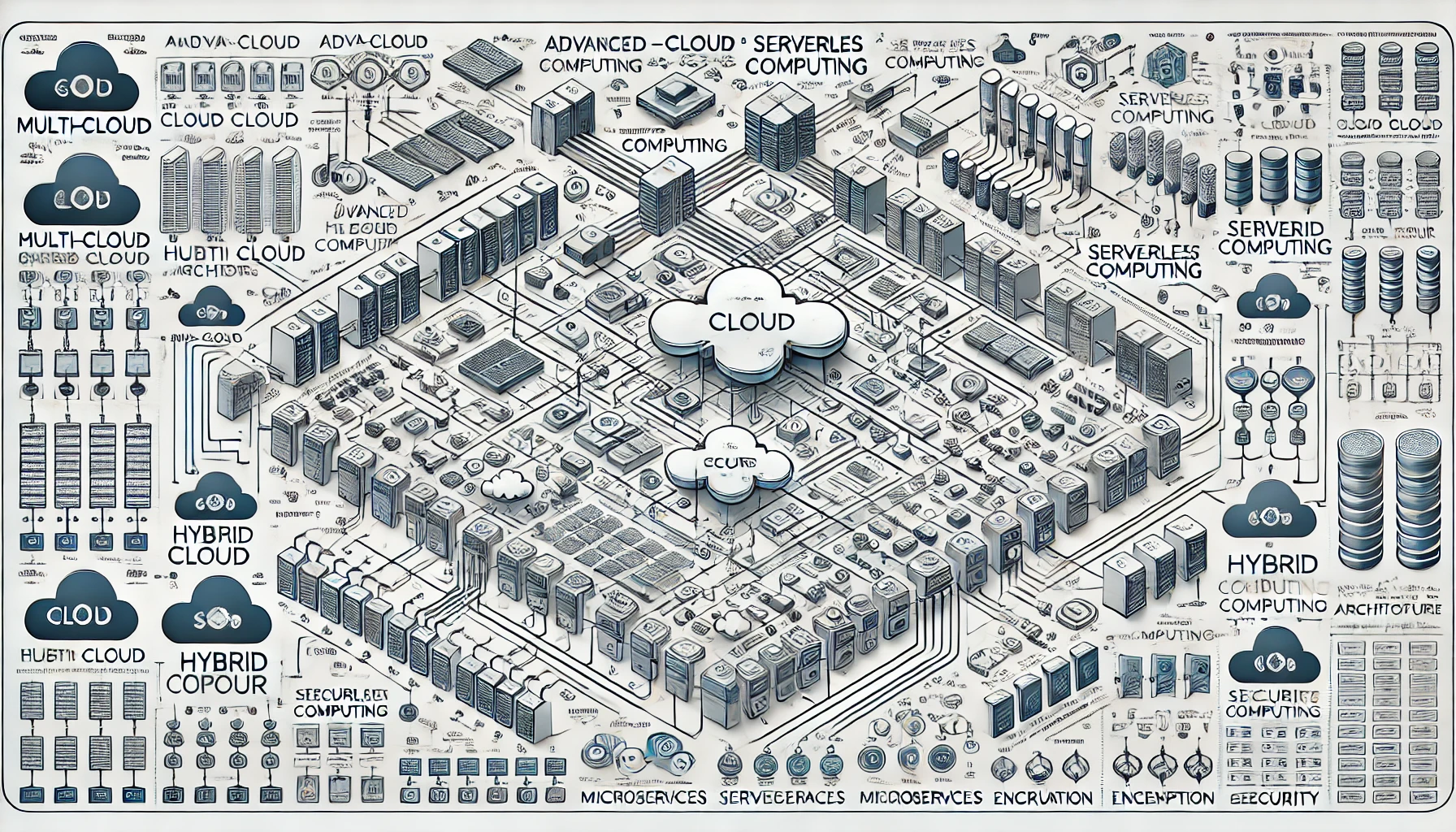 A comprehensive diagram illustrating advanced cloud computing architecture, including multi-cloud and hybrid cloud environments, microservices, serverless computing, and complex networking topologies with security layers