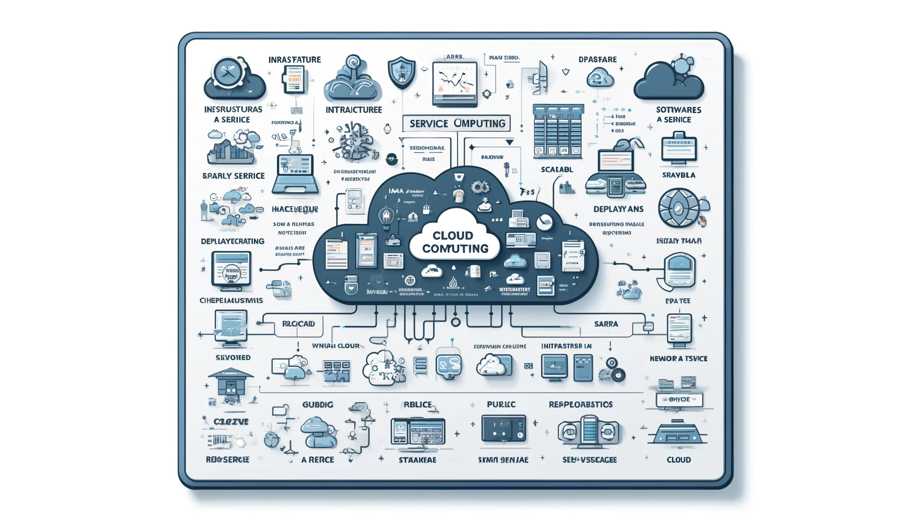 An overview diagram illustrating the components of cloud computing, including various service models (IaaS, PaaS, SaaS), deployment models (public, private, hybrid, multi-cloud), and key characteristics such as scalability and resource pooling.