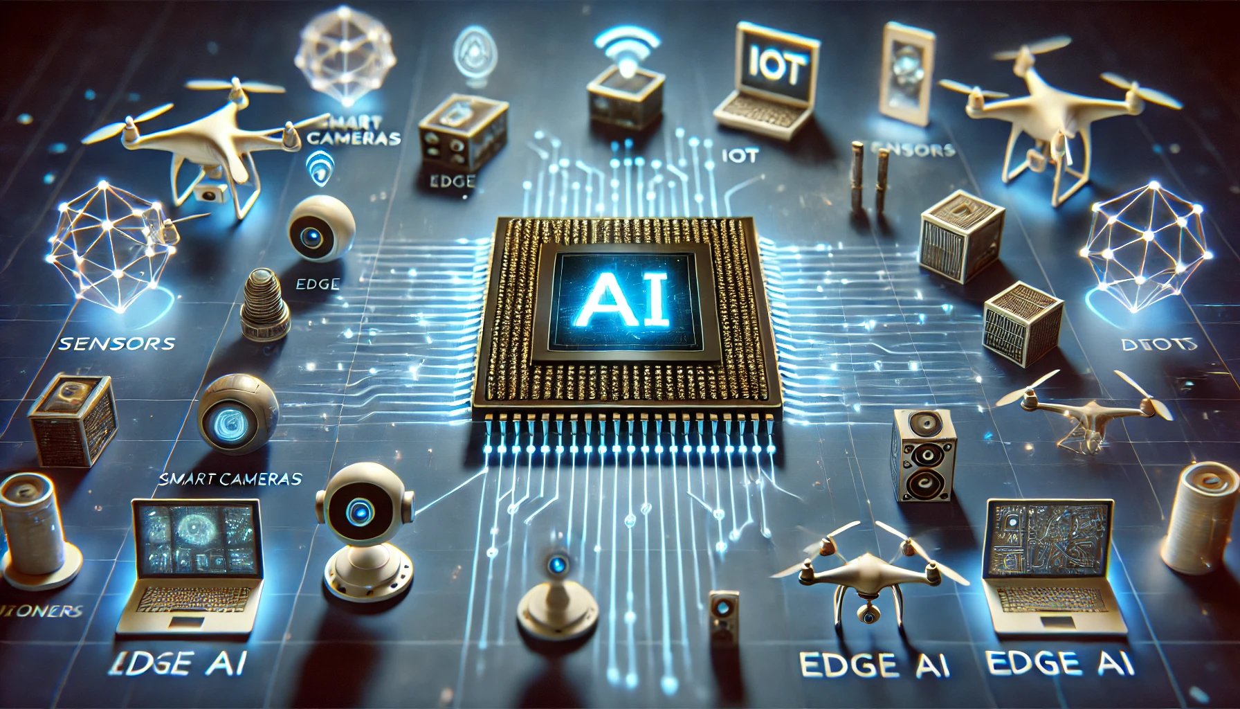 DALL·E 2025-01-07 18.27.52 - A rectangular image depicting a small computer chip with AI symbols and edge devices connected to it, representing the concept of AI accelerators for Edge AI