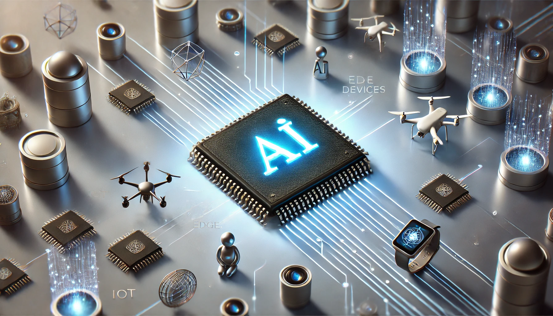 DALL·E 2025-01-07 18.51.42 - A rectangular image showing a small, specialized computer chip with AI symbols and miniature edge devices connected to it, illustrating the concept of AI chips designed for edge computing
